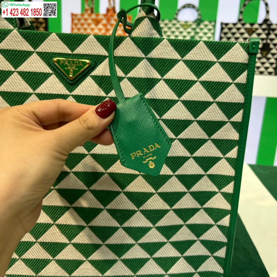 ρεπλίκα Prada 1ba356 μεγάλη υφασμάτινη τσάντα ζακάρ σύμβολο Prada πράσινη λευκή