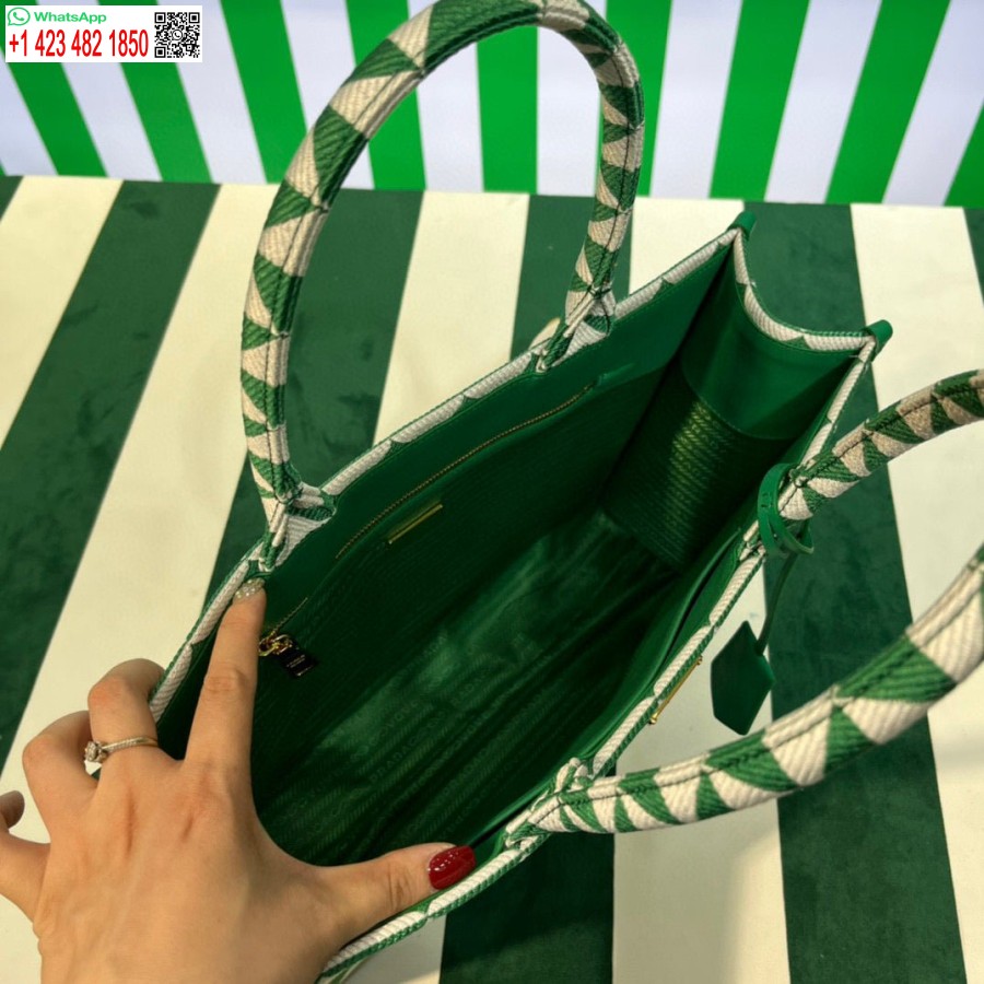 ρεπλίκα Prada 1ba356 μεγάλη υφασμάτινη τσάντα ζακάρ σύμβολο Prada πράσινη λευκή