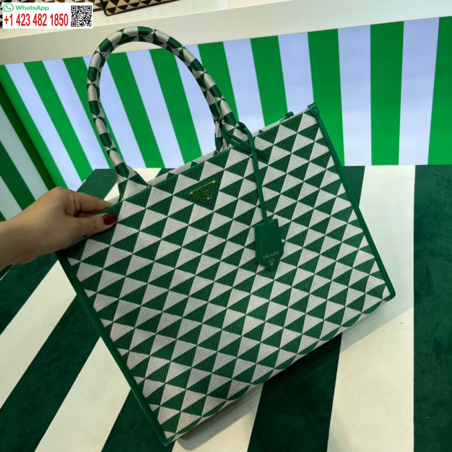 ρεπλίκα Prada 1ba356 μεγάλη υφασμάτινη τσάντα ζακάρ σύμβολο Prada πράσινη λευκή