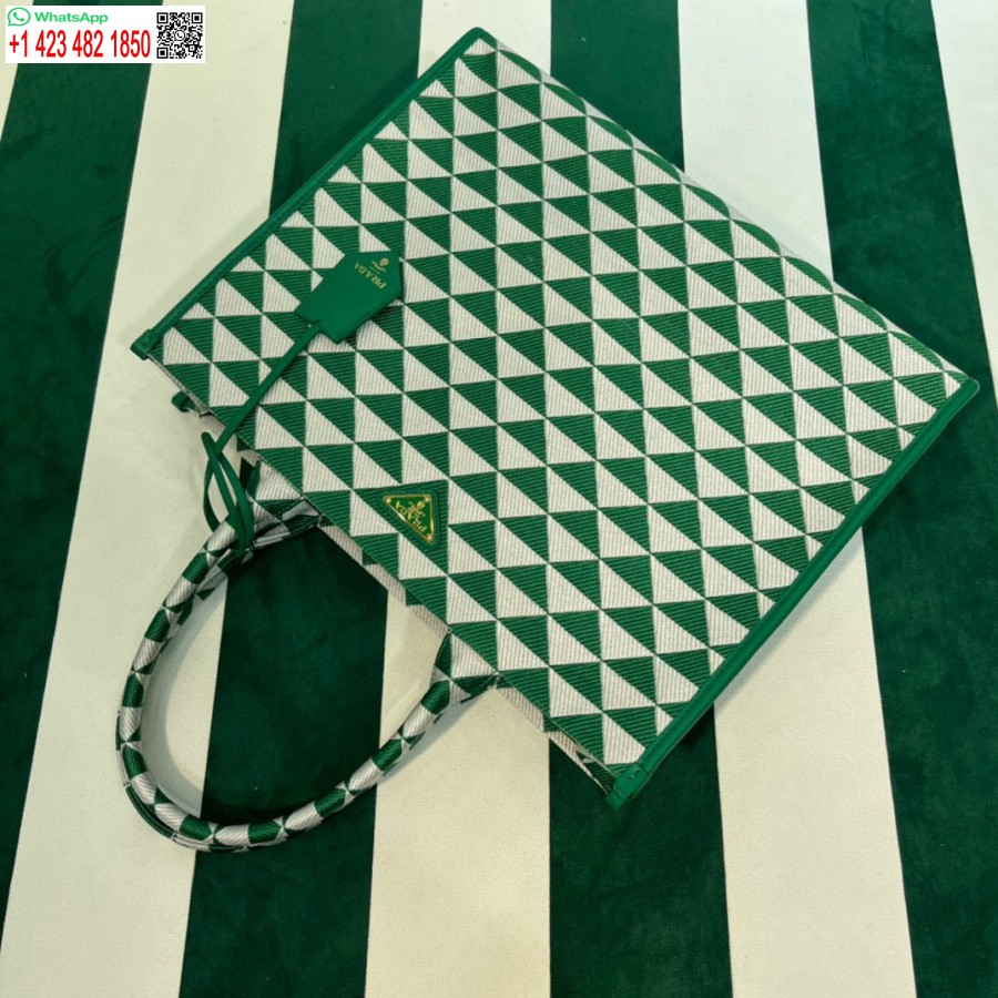 ρεπλίκα Prada 1ba356 μεγάλη υφασμάτινη τσάντα ζακάρ σύμβολο Prada πράσινη λευκή