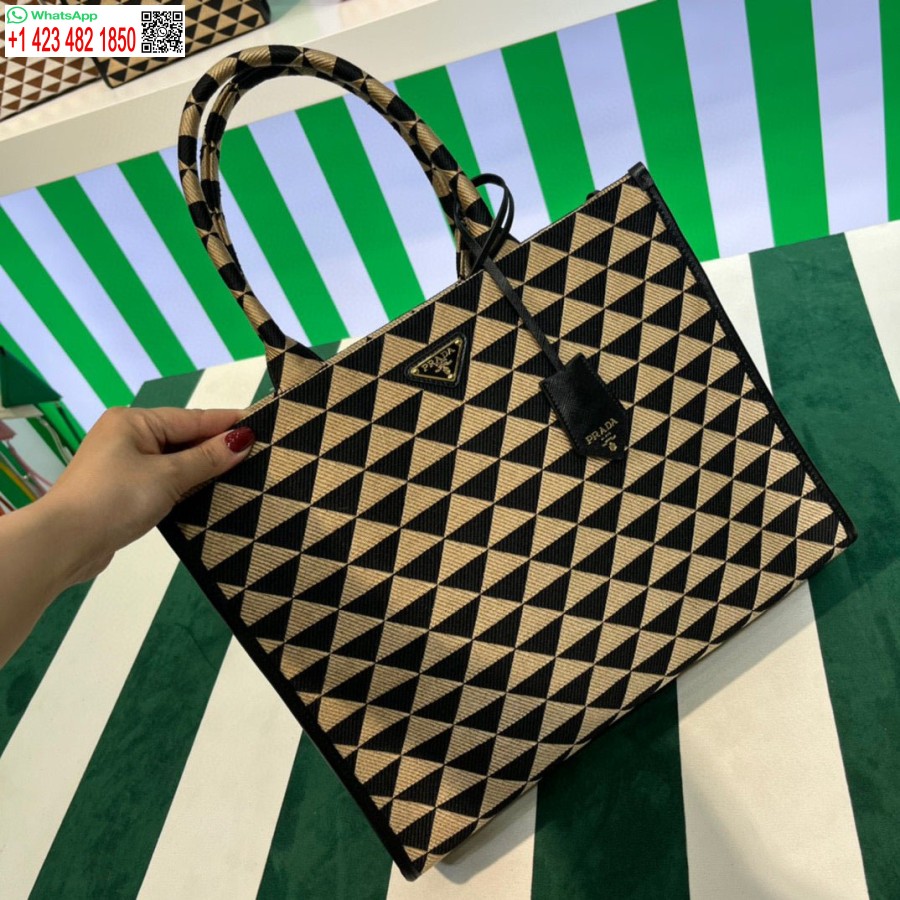 ρεπλίκα Prada 1ba356 μεγάλο Prada σύμβολο ζακάρ υφασμάτινη τσάντα βερίκοκο μαύρο