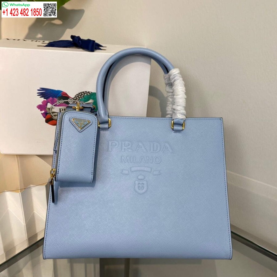 Ρεπλίκα Prada 1ba337 μεσαία δερμάτινη τσάντα σαφιάνο μπλε